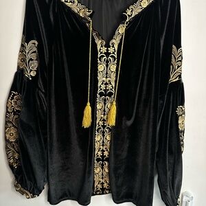 Black and Gold Embroidered Velvet Top